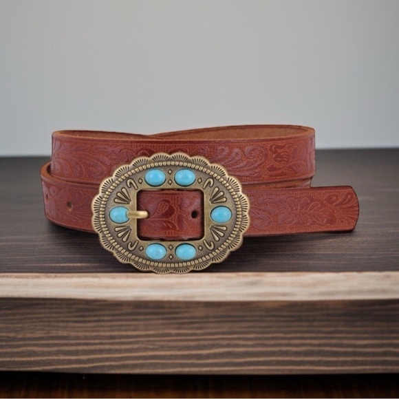 NWT MOST WANTED Leather Turquoise Stone Western Tooled Belt Size Lar… - Picture 1 of 6